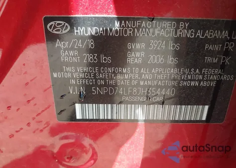 2018 Hyundai Elantra Se from USA, damaged, VIN 5NPD74LF8JH354440